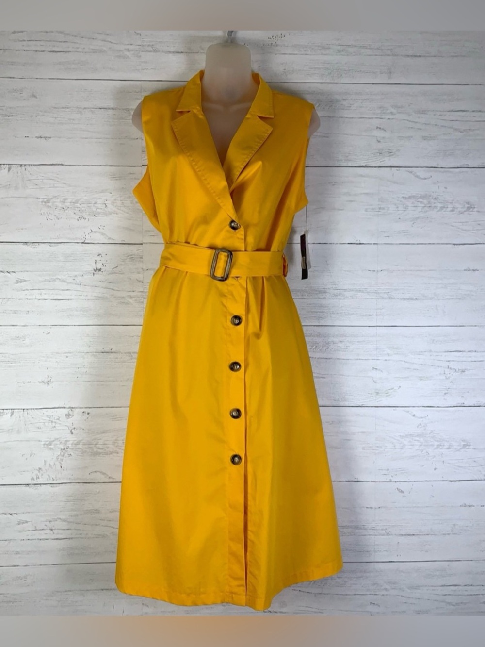 Worthington yellow mustard button front shirt dress belted size L READ